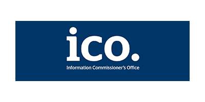 A blue and white ico logo on top of a green background.