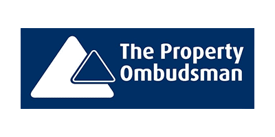 A blue and white logo for the property ombudsman